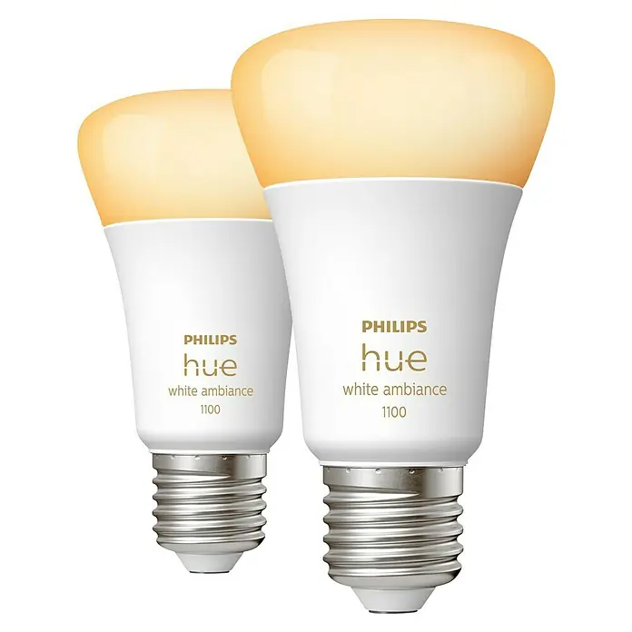 Philips Hue Smart-LED-Lampen Set White Ambiance - E27, Dimmbar, Warmweiß, 1.100 lm, 8 W, 2 Stk. - Zwei Philips Hue White Ambiance 1100 Glühbirnen, die warmes, dimmbares Licht für eine angenehme Atmosphäre erzeugen.