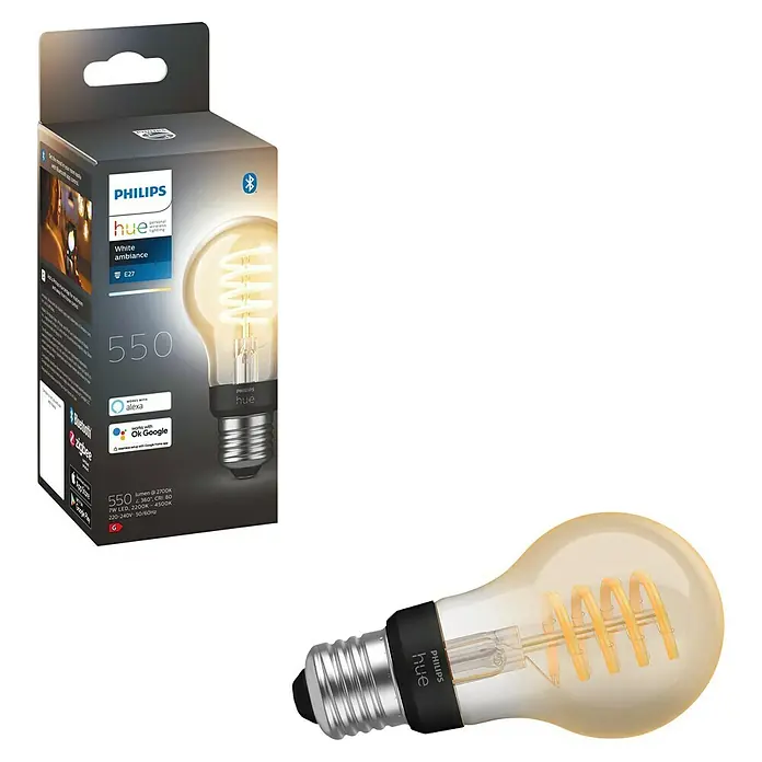 Philips Hue Smart-LED-Lampe White Ambiance Filament - E27, Dimmbar, Warmweiß, 550 lm, 7 W, Lampenbezeichnung: A60, 1 Stk. - Eine Philips Hue White Ambiance E27 Glühbirne mit ihrem Karton, die intelligente Beleuchtung für Ihr Zuhause bietet.