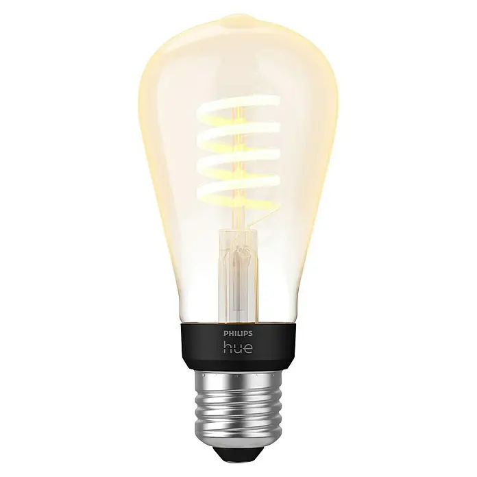 Philips Hue Smart-LED-Lampe White Ambiance Filament - E27, Dimmbar, Warmweiß, 550 lm, 7 W, Lampenbezeichnung: ST64, 1 Stk. - Nahaufnahme einer Philips Hue Filament Lampe mit sichtbarem Leuchtfaden und E27 Sockel für stimmungsvolle Beleuchtung.