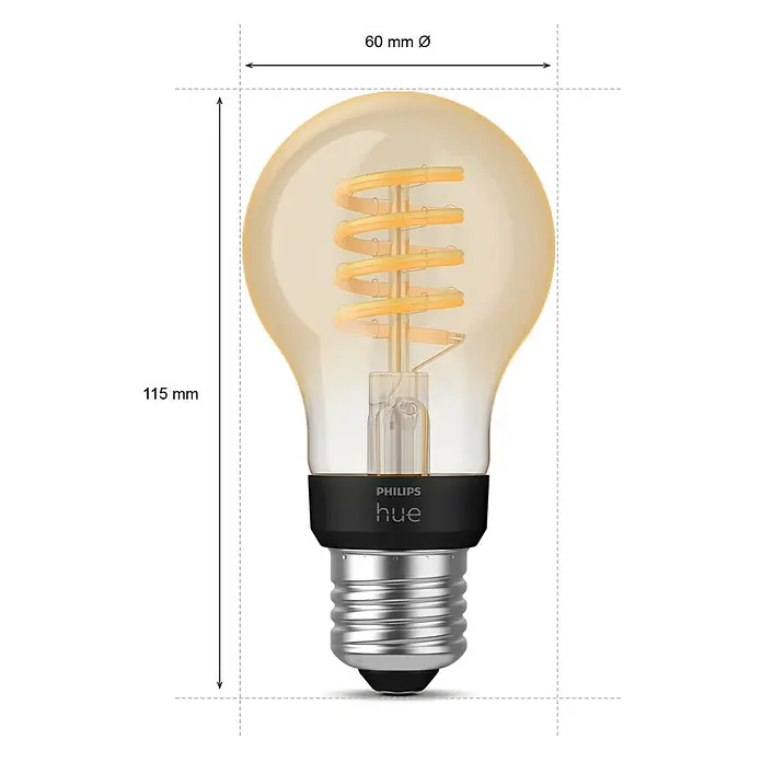 Philips Hue Smart-LED-Lampe White Ambiance Filament - E27, Dimmbar, Warmweiß, 550 lm, 7 W, Lampenbezeichnung: A60, 1 Stk. - Eine Philips Hue Filamentlampe mit E27-Fassung, die mit 115mm Höhe und 60mm Durchmesser eine stimmungsvolle Beleuchtung bietet.