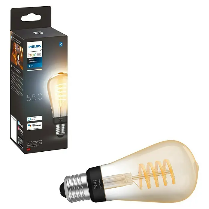 Philips Hue Smart-LED-Lampe White Ambiance Filament - E27, Dimmbar, Warmweiß, 550 lm, 7 W, Lampenbezeichnung: ST64, 1 Stk. - Philips Hue White Ambiance E27 Birne mit 550 Lumen und intelligenten Funktionen, inklusive Verpackung.