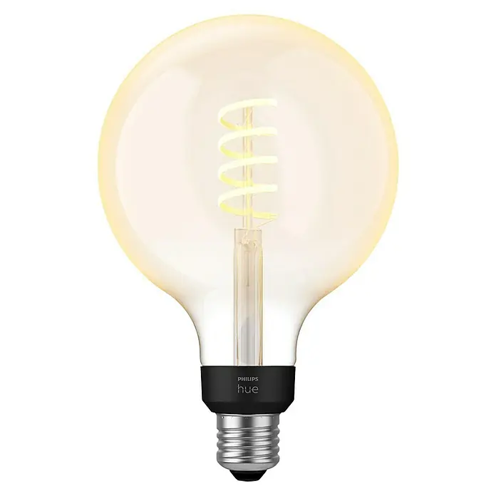 Philips Hue Smart-LED-Lampe White Ambiance FilamentE27, Dimmbar, Warmweiß, 550 lm, 7 W, Lampenbezeichnung: G125 - Nahaufnahme einer Philips Hue Glühbirne mit spiralförmigem Leuchtfaden, die warmes, einstellbares Licht für eine stimmungsvolle Beleuchtung bietet.