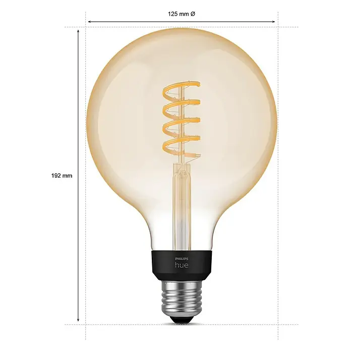 Philips Hue Smart-LED-Lampe White Ambiance Filament - E27, Dimmbar, Warmweiß, 550 lm, 7 W, Lampenbezeichnung: G125, 1 Stk. - Produktbild einer Philips Hue Filament-Lampe in Globusform mit den Maßen 125mm Durchmesser und 192mm Höhe.