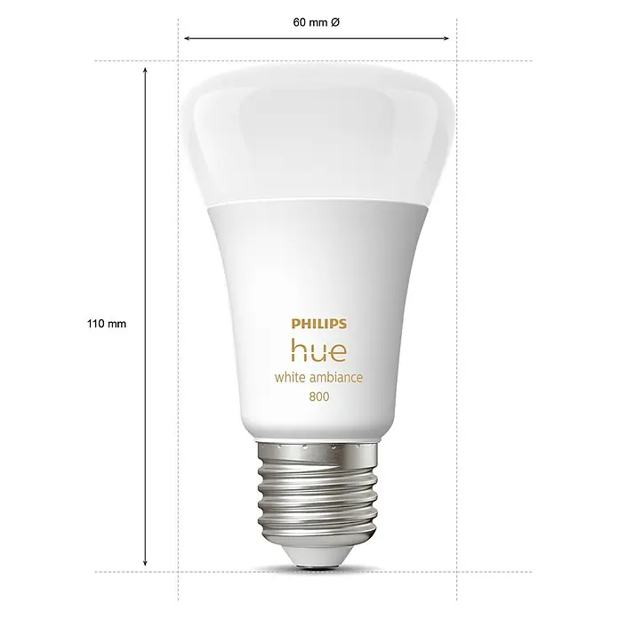 Philips Hue Smart-LED-Lampen Set White Ambiance - E27, Dimmbar, Warmweiß, 1.100 lm, 8 W, 1 Stk. - Abbildung der Philips Hue White Ambiance 800 Glühbirne mit Maßangaben. Die smarte Glühbirne bietet personalisierte Beleuchtung.