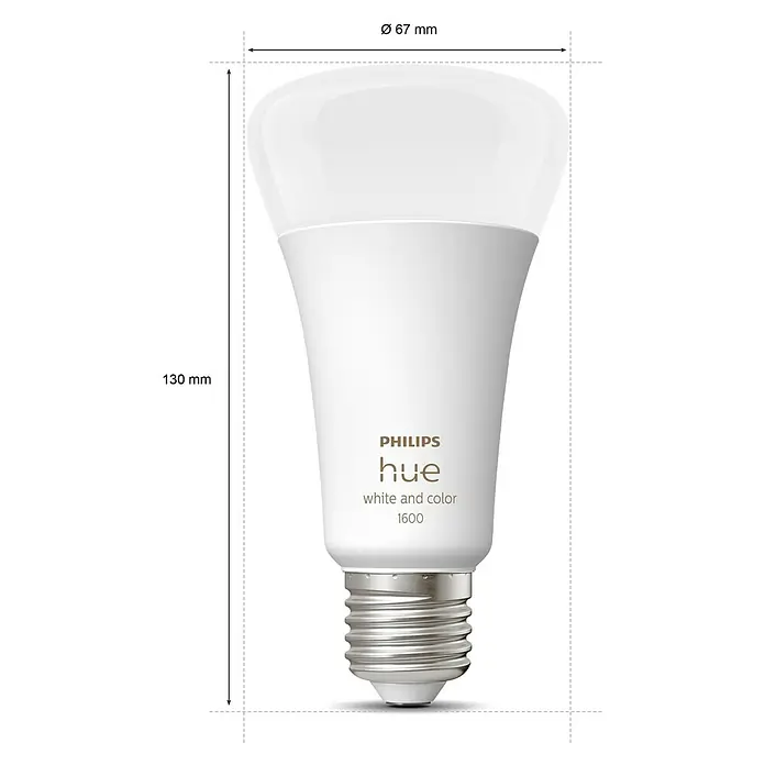 Philips Hue Smart-LED-Lampen Set White & Color - E27, Dimmbar, Warmweiß, 1.600 lm, 13,5 W, 1 Stk. - Nahaufnahme einer Philips Hue White and Color 1600 Glühbirne mit Abmessungen. Durchmesser: 67 mm, Höhe: 130 mm.