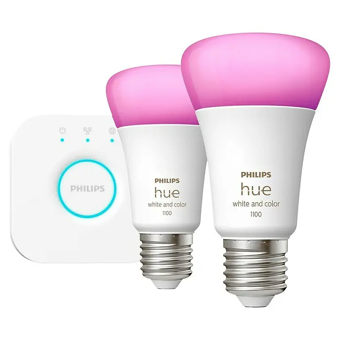 Philips Hue Smart-LED-Lampen Set - E27, Dimmbar, RGBW, 1.100 lm, 9 W - Abbildung eines Philips Hue White and Color 1100 Startersets mit zwei Glühbirnen und einer Bridge. Intelligente Beleuchtung für Ihr Zuhause.