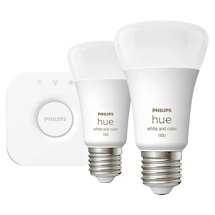 Philips Hue Smart-LED-Lampen Set - E27, Dimmbar, RGBW, 1.100 lm, 9 W - Abbildung eines Philips Hue White and Color 1100 Startersets mit zwei smarten Glühbirnen und einer Bridge.