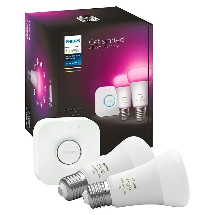 Philips Hue Smart-LED-Lampen Set - E27, Dimmbar, RGBW, 1.100 lm, 9 W - Philips Hue White and Color Ambiance Starter Set E27 mit Bridge und zwei smarten Lampen für intelligentes Licht im ganzen Haus.