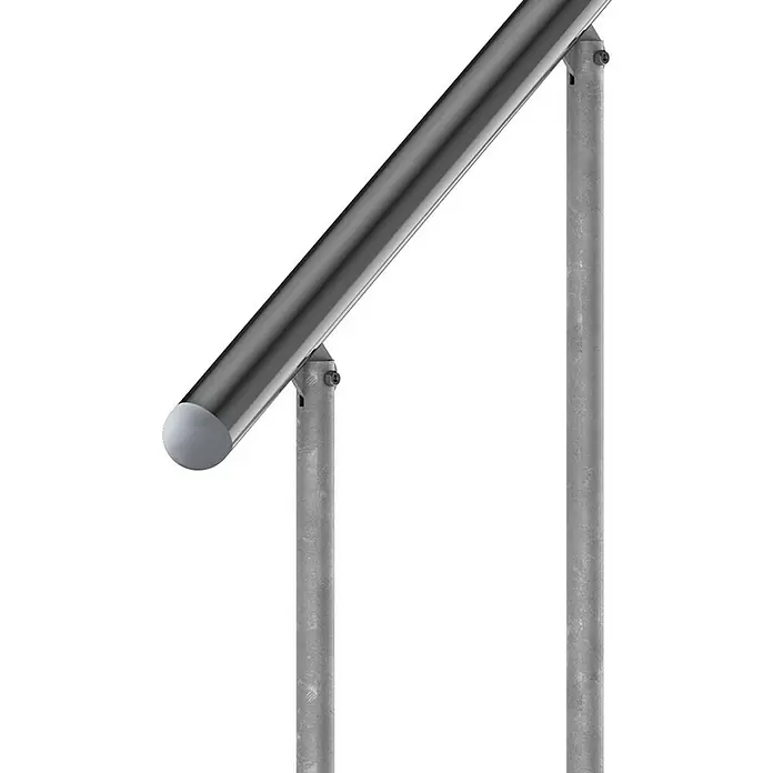 Dolle Außentreppe Gardentop - Gitterroststufen, Feuerverzinkte Geländerstäbe, Breite: 100 cm, Anzahl Stufen: 3 Stk., Geschosshöhe: 54 cm - 66 cm - Ein silbernes Treppengeländer mit einer abgerundeten Endkappe, befestigt an zwei Pfosten, die auf einem weißen Hintergrund stehen.
