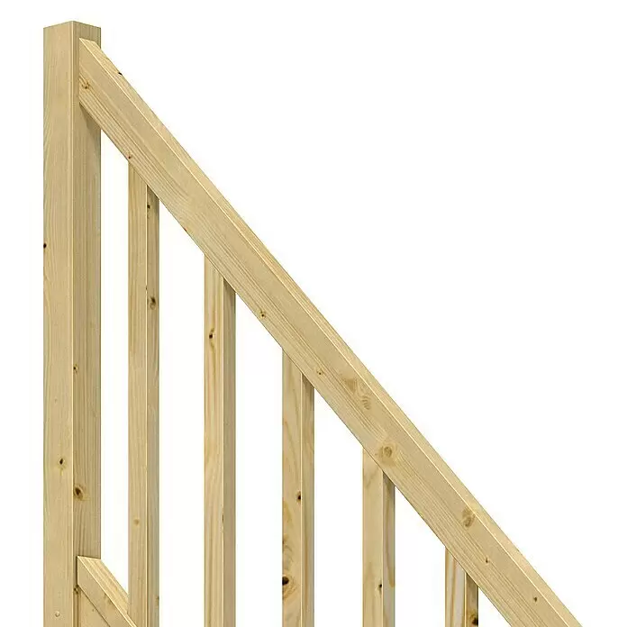 Dolle Raumspartreppe Paris - Breite: 83,5 cm, Fichte, Unbehandelt, Geschosshöhe: 318 cm, 1/4-gewendelt links, Rechteckstäbe Holz, Ohne Setzstufen - Balustrade aus Naturholz für Treppen, mit Pfosten, vertikalen Geländerstäben und schrägem Handlauf.
