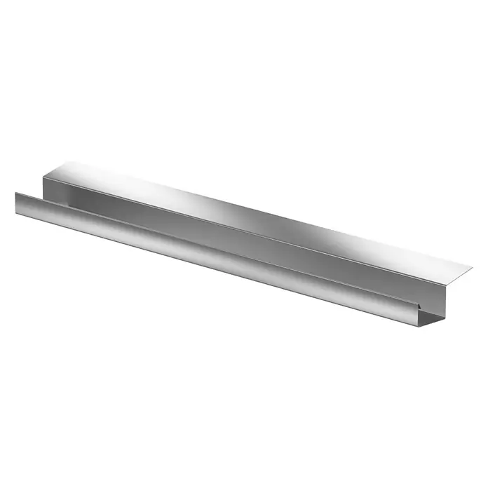 Sarei Piccolo Kastendachrinne - Nennweite: 70 mm, Länge: 200 cm, Metall, Silber - Nahaufnahme einer silberfarbenen Metallschiene, die ein modernes und industrielles Designelement für verschiedene Anwendungen darstellt.