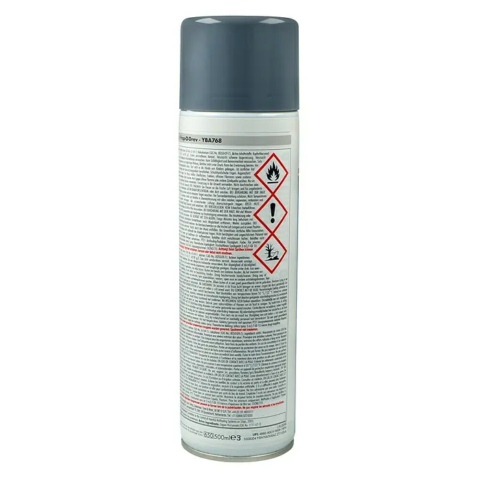 International Antifouling Trilux Prop-O-Drev - Grau, Matt, 500 ml - Nahaufnahme der Rückseite einer Spraydose, die Produktinformationen und Warnhinweise enthält.