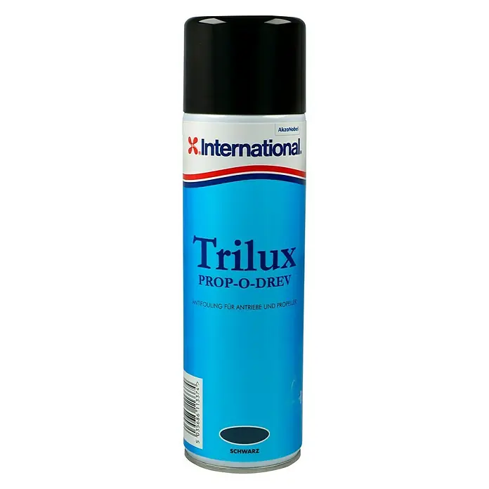 International Antifouling Trilux Prop-O-Drev - Schwarz, Matt, 500 ml - Abbildung einer Sprühdose Trilux Prop-O-Drev Antifouling für Antriebe und Propeller, Farbe Schwarz, von International AkzoNobel.