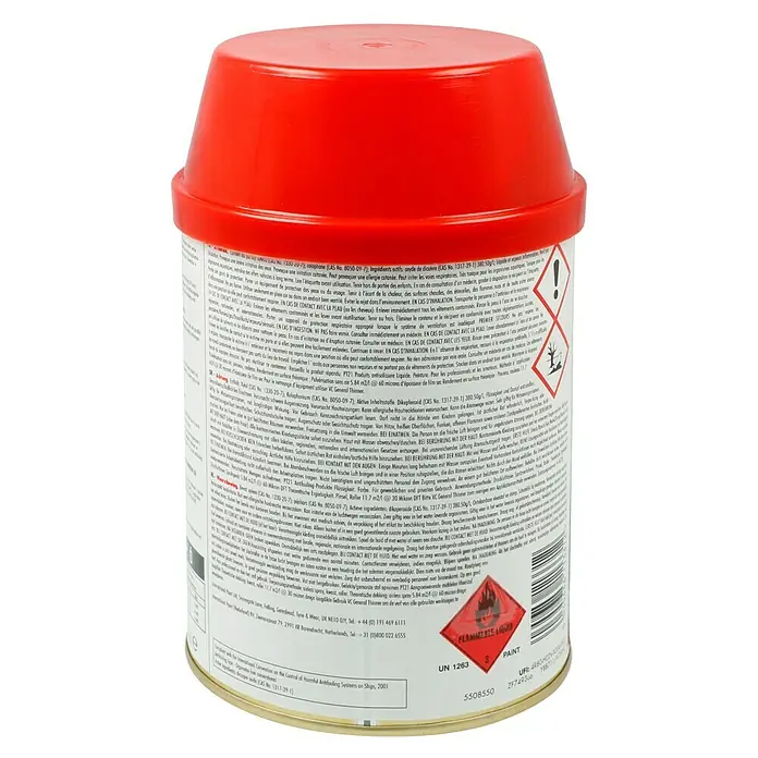 International Hartantifouling VC Offshore EU - Rot, 750 ml - Dose mit roter Kappe, wahrscheinlich ein Antifouling-Produkt. Warnhinweise und Produktdetails sind auf dem Etikett aufgedruckt.