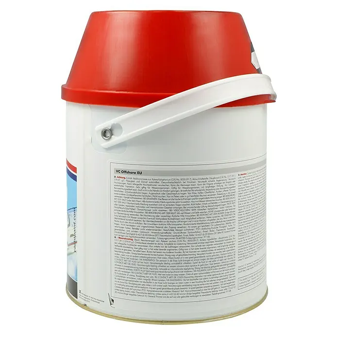 International Hartantifouling VC Offshore EU - Schwarz, 2 l - Dose VC Offshore EU Antifouling-Farbe mit rotem Deckel und weißem Etikett mit Warnhinweisen für den professionellen Einsatz.