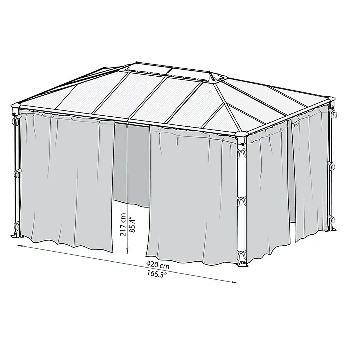 Palram – Canopia Pavillon-Seitenwände für Pavillon Martinique - B x H: 420 x 217 cm - Abbildung eines Pavillons mit Vorhängen und Maßangaben. Ein schattenspendender Ort für den Garten, ideal zum Entspannen im Freien.
