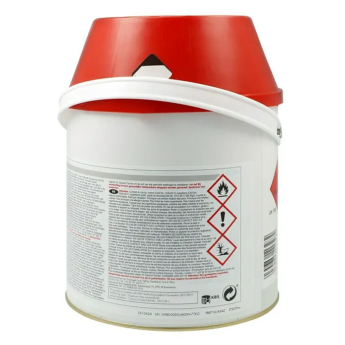 International Hartantifouling VC Offshore EU - Muschelweiß, 2 l - Produktbild: Ein Topf VC General Thinner mit Gefahrenhinweisen.