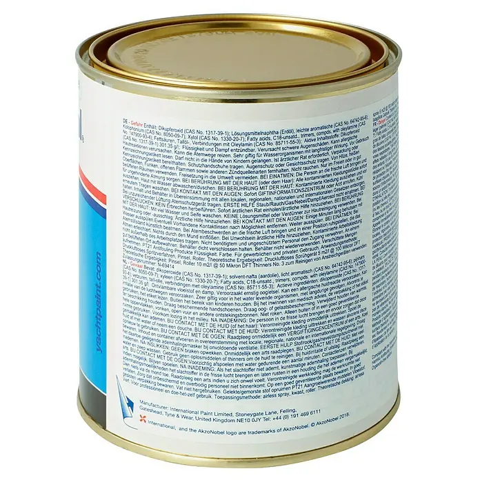 International Selbstpolierendes Antifouling Boatguard 100 - Schwarz, 750 ml - Dose Yachtfarbe mit Produktinformationen und Warnhinweisen.