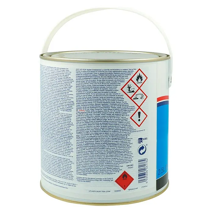 International Selbstpolierendes Antifouling Boatguard 100 - Schwarz, 2,5 l - Ein weißer Farbeimer mit Warnhinweisen und Inhaltsangaben, ideal für professionelle und Hobbyanwender.