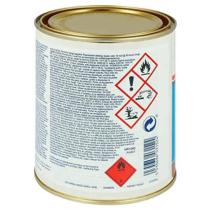 International Selbstpolierendes Antifouling Boatguard 100 - Rot, 750 ml - Dose Antifouling-Farbe mit Gefahrensymbolen. Flüssigkeit und Dampf entzündbar, gefährlich für Wasserorganismen.
