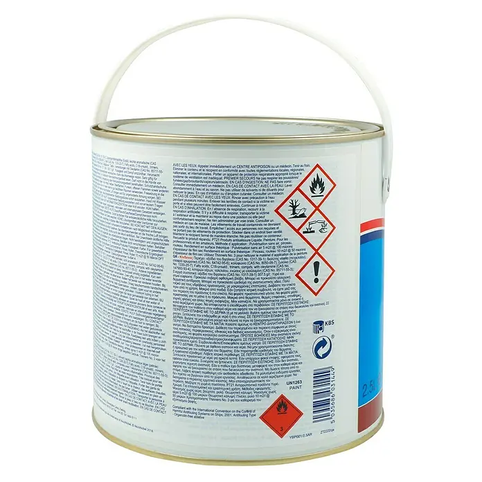 International Selbstpolierendes Antifouling Boatguard 100 - Rot, 2,5 l - Detailliertes Bild einer Dose Antifouling-Farbe mit wichtigen Sicherheitshinweisen und Anwendungsinformationen auf dem Etikett.