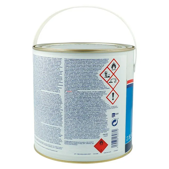 International Hartantifouling Ultra 300 - Marineblau, 2,5 l - Lackdose: Ein Detailansicht einer Farbdose, die mit Warnhinweisen und Produktinformationen versehen ist.