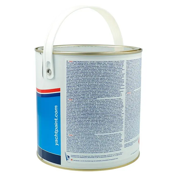 International Hartantifouling Ultra 300 - Marineblau, 2,5 l - Weißer Farbeimer von Yachtpaint mit Produktdetails und Sicherheitsinformationen.