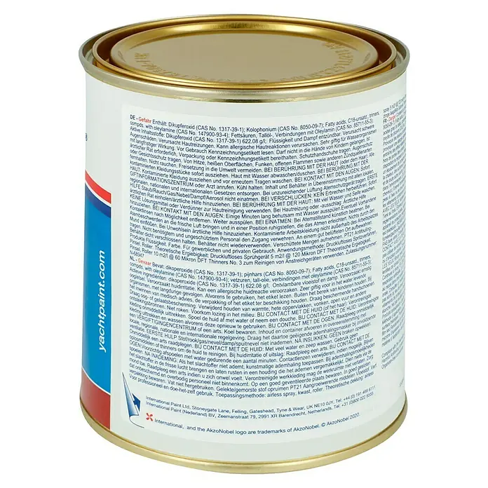 International Hartantifouling Ultra 300 - Rot, 750 ml - Dose Yacht Paint, Ansicht von oben und Seite mit Etikett, das Sicherheitsinformationen und Anweisungen enthält.