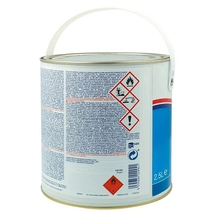 International Selbstpolierendes Antifouling Micron 350 - Blau, 2,5 l - Weißer Farbeimer mit Warnhinweisen und Gefahrensymbolen für den sicheren Gebrauch.
