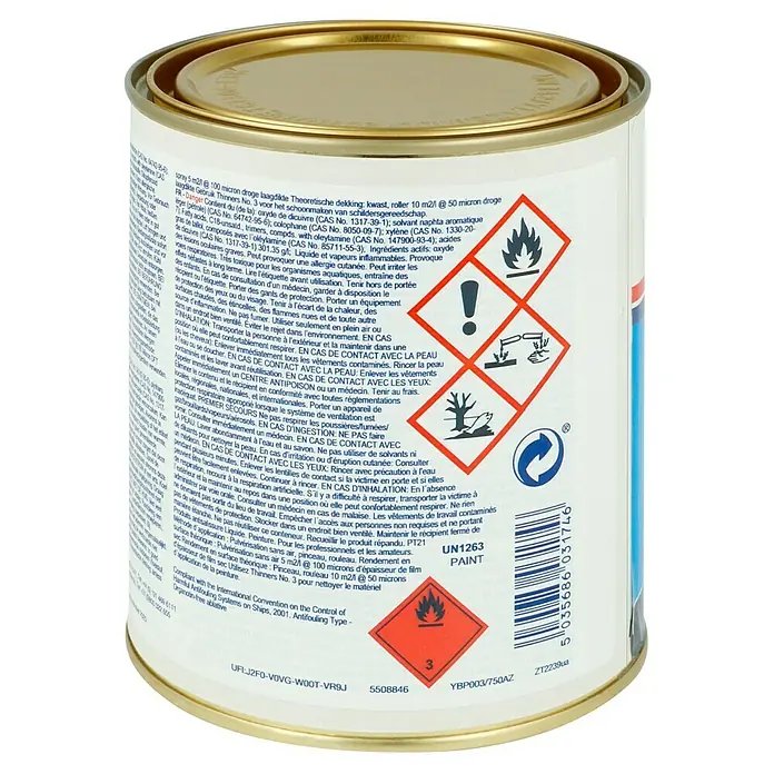 International Selbstpolierendes Antifouling Boatguard 100 - Marineblau, 750 ml - Dose Antifouling-Farbe mit Gefahrenhinweisen, ideal für Schiffe, gemäß internationaler Konvention.