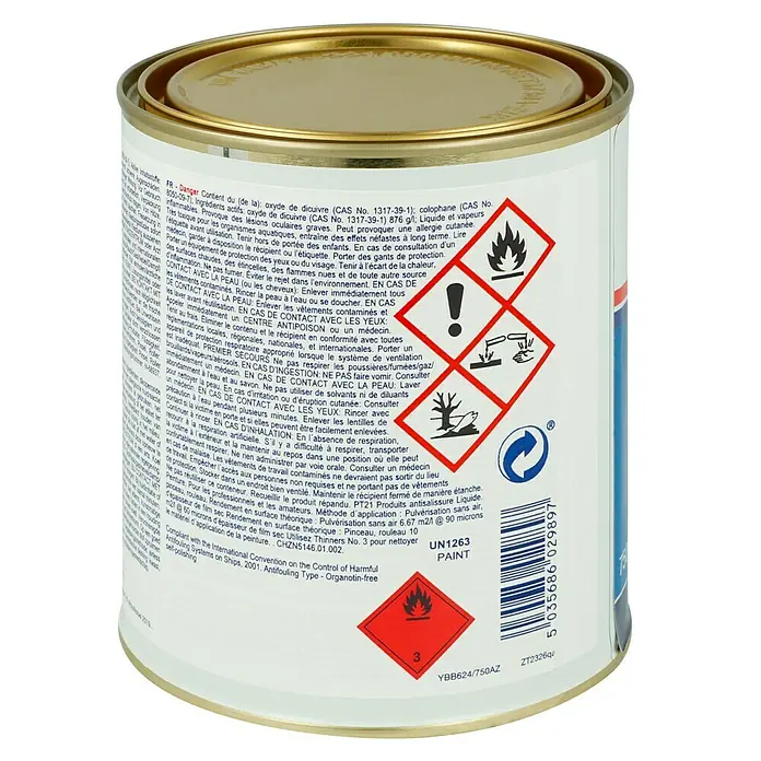 International Selbstpolierendes Antifouling Micron 350 - Marineblau, 750 ml - Dose mit UN1263-Farbe, Etikett mit Gefahrenhinweisen für Entzündbarkeit, Gesundheits- und Umweltgefährdung.