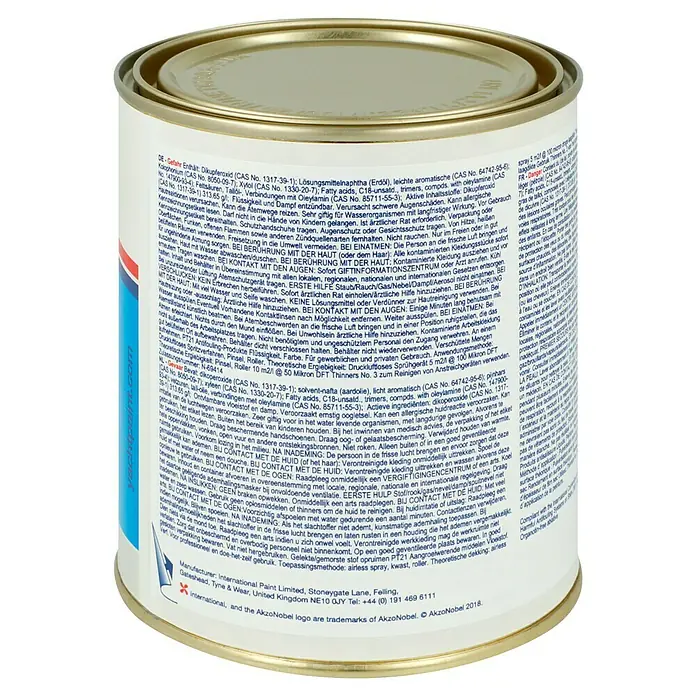 International Selbstpolierendes Antifouling Boatguard 100 - Doverweiß, 750 ml - Dose PT21 Antifouling-Produkte. Flüssigkeit für den gewerblichen und privaten Gebrauch. Druckluftloses Sprühgerät, Pinsel, Roller.