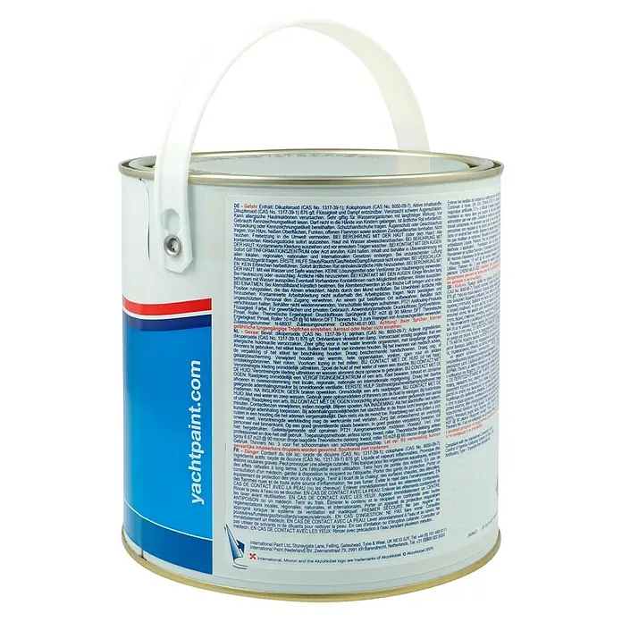 International Selbstpolierendes Antifouling Micron 350 - Blau, 2,5 l - A close-up of a Yacht Paint can, showcasing its label with safety information and the brand's logo.