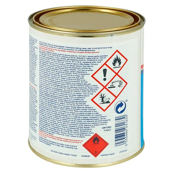 International Selbstpolierendes Antifouling Boatguard 100 - Blau, 750 ml - Detailansicht einer Dose UN1263 Farbdose mit Gefahrenhinweisen, ideal für Malerarbeiten.
