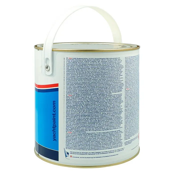 International Selbstpolierendes Antifouling Boatguard 100 - Marineblau, 2,5 l - Detailansicht eines Yachtlackfarbtopfes, der zur Anwendung im maritimen Bereich konzipiert ist.