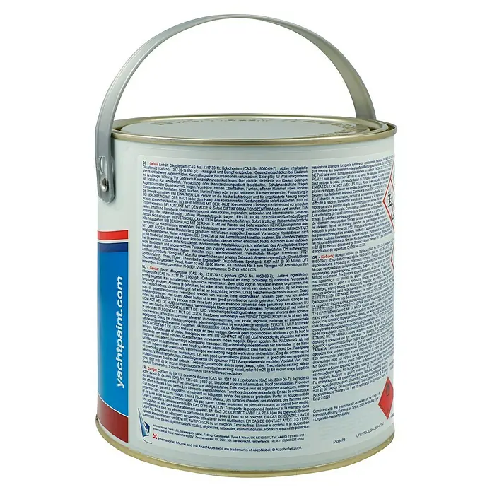 International Selbstpolierendes Antifouling Micron 350 - Rot, 2,5 l - Farbdose von Yachtpaint, ideal für Bootslackierungen. Der Eimer ist mit wichtigen Sicherheitsinformationen versehen.