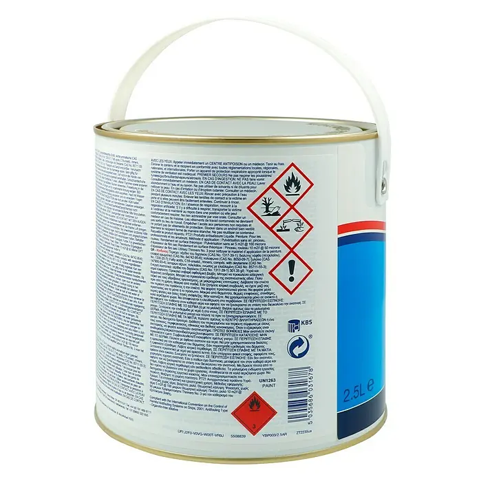 International Selbstpolierendes Antifouling Boatguard 100 - Marineblau, 2,5 l - Dose UN1263 Farbe. Die Abbildung zeigt eine 2,5-Liter-Dose UN1263 Farbe mit Gefahrenhinweisen und Anwendungshinweisen.