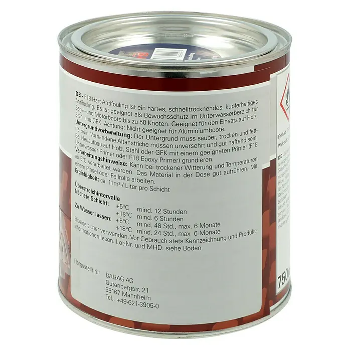 F18 Hartantifouling - Blau, 750 ml - Dose mit kupferhaltiger Antifouling-Farbe F18 Hart, geeignet für Boote. Schützt vor Bewuchs im Unterwasserbereich.