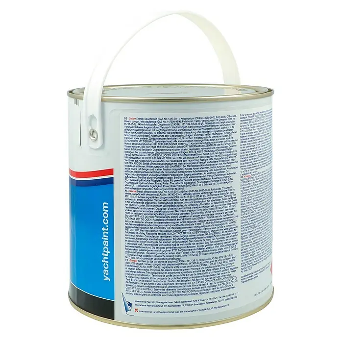 International Hartantifouling Ultra 300 - Schwarz, 2,5 l - Weißer Farbbehälter mit blauem Aufdruck "yachtpaint.com".