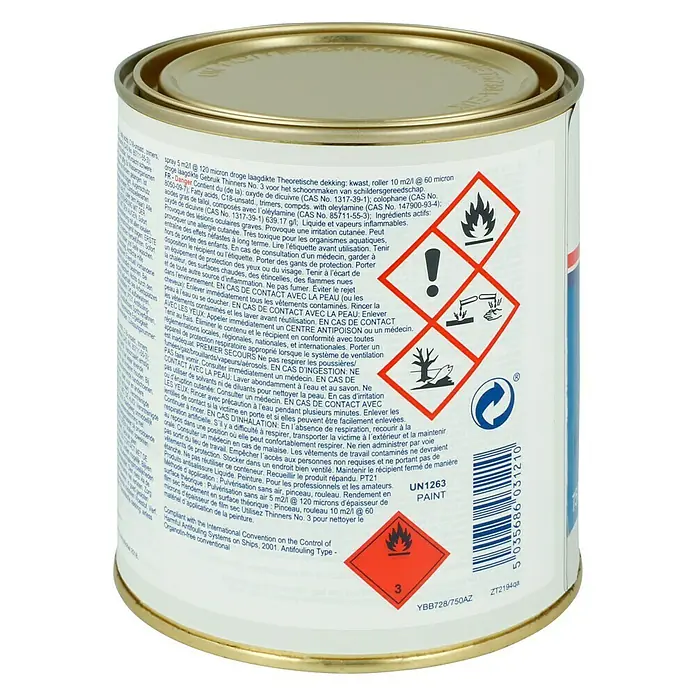 International Hartantifouling Ultra 300 - Doverweiß, 750 ml - Bild eines Farbbehälters, der Sicherheitswarnungen und Produktinformationen auf der Etikettseite zeigt.