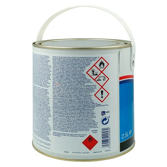 International Selbstpolierendes Antifouling Micron 350 - Schwarz, 2,5 l - Farbdose mit Sicherheitsinformationen und Warnhinweisen.