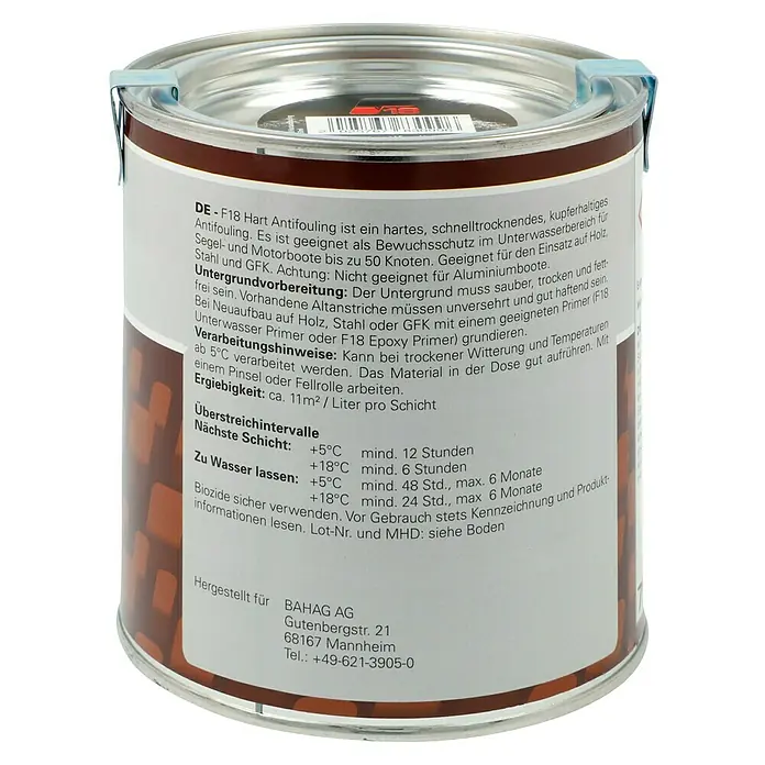 F18 Hartantifouling - Schwarz, 750 ml - Dose mit F18 Hart Antifouling, einem kupferhaltigen Unterwasseranstrich für Boote. Anwendungshinweise und Herstellerinformationen sind aufgedruckt.