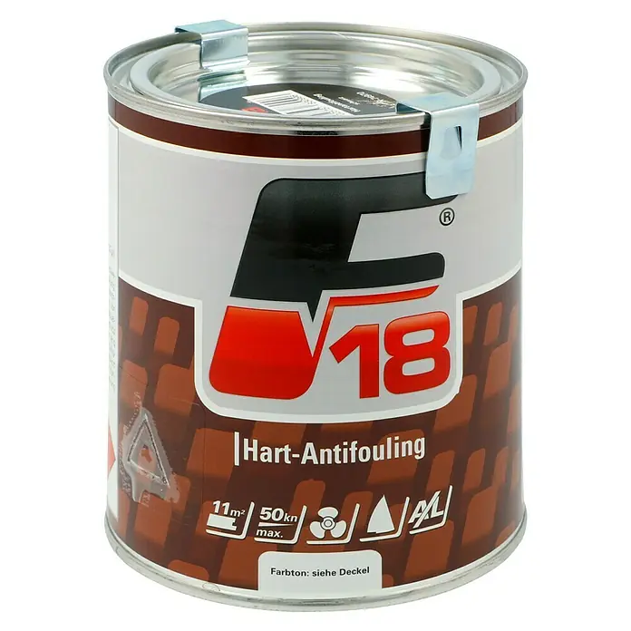 F18 Hartantifouling - Schwarz, 750 ml - Ein Bild einer Dose V18 Hart-Antifouling Bootsfarbe. Es zeigt das Farbmuster, die maximale Geschwindigkeit und die Abdeckung.