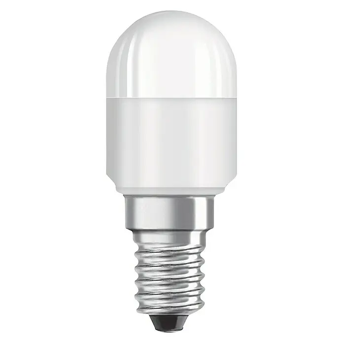 Osram Bombilla LED Special T26 - E14, No regulable, Blanco cálido, 65 lm, 1,4 W - Primer plano de una bombilla LED E14 con un globo mate en forma de gota y una base de rosca plateada.