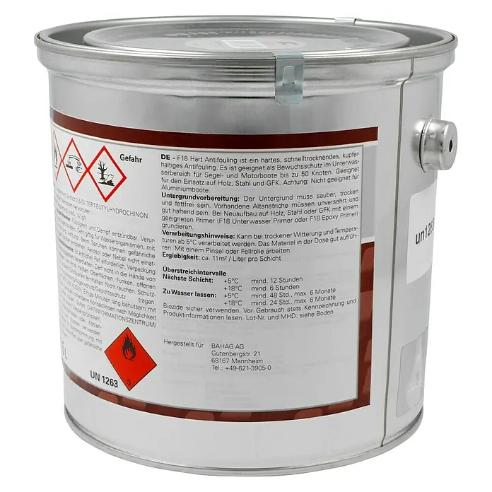 F18 Hartantifouling - Weiß, 2,5 l - Dose mit Antifouling-Farbe, ideal für Boote. Schützt zuverlässig vor Bewuchs und ist für verschiedene Materialien geeignet.