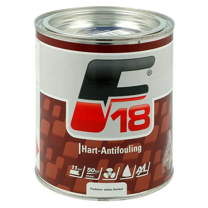 F18 Hartantifouling - Blau, 750 ml - Abbildung einer Farbdose für Hart-Antifouling-Anwendungen, die bis zu 50 Knoten widersteht und eine Fläche von 11 m² abdeckt.