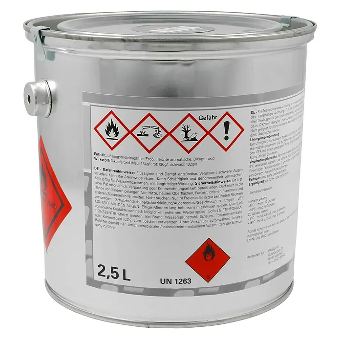 F18 Selbstpolierendes Antifouling SP - Schwarz, 2,5 l - Produktansicht eines 2,5L Gebindes mit Gefahrgutkennzeichnung, ideal für Schiffe.