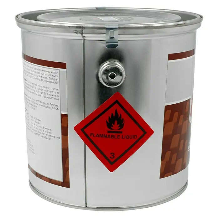 F18 Hartantifouling - Schwarz, 2,5 l - Dose mit der Aufschrift "FLAMMABLE LIQUID", die auf eine entzündliche Flüssigkeit hinweist.