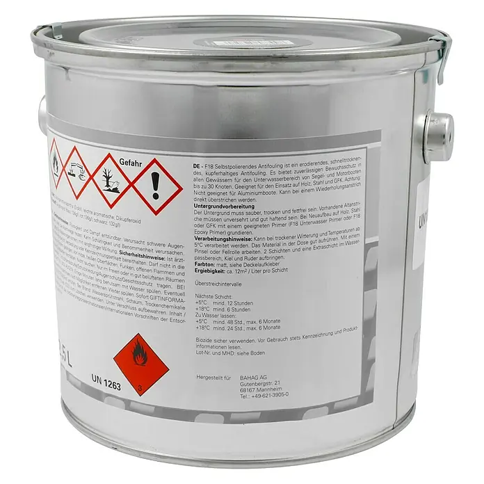 F18 Selbstpolierendes Antifouling SP - Schwarz, 2,5 l - Produktbild eines Antifouling-Anstrichs von BAHAG AG, zur Verwendung unterhalb der Wasserlinie von Booten und Schiffen.