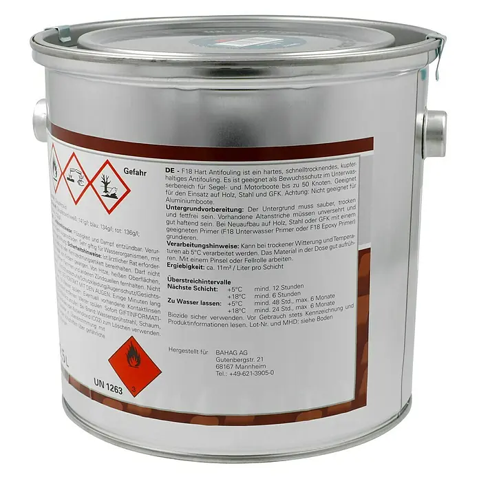 F18 Hartantifouling - Blau, 2,5 l - Dose mit F18 Hart Antifouling, einem schnelltrocknenden Unterwasserschutz für Boote, mit Gefahrenhinweisen und Anwendungshinweisen.